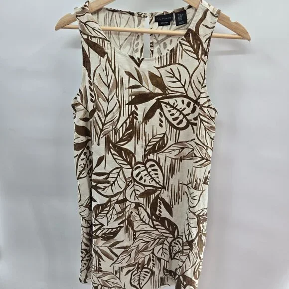 Tahari Ivory Tropical Leaves 100% Linen Sleeveless Pockets Shift Mini Dress XS - Picture 1 of 11